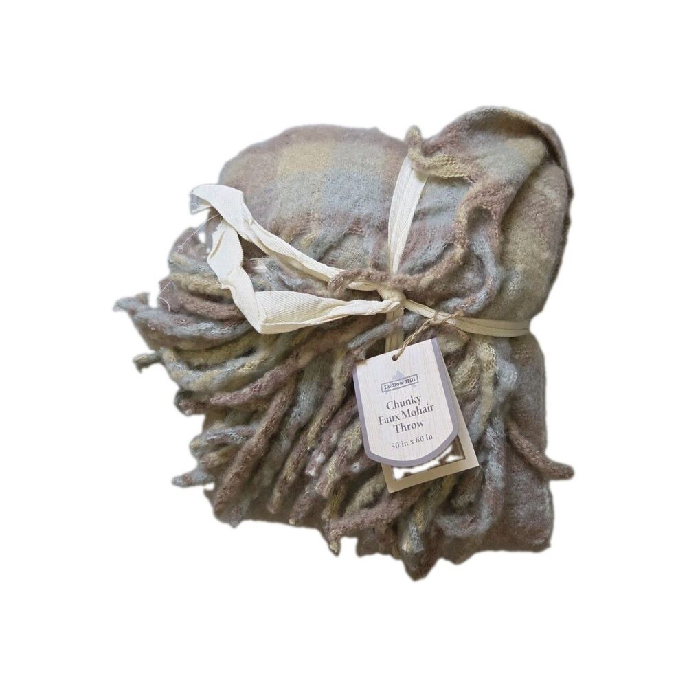 NWT Ludlow Hill Chunky Faux Mohair Throw Blanket 50x60 Fringe Pastel Plaid Soft